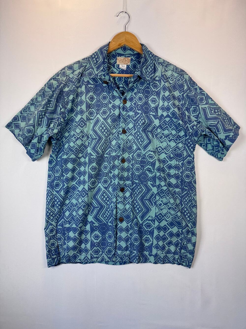 Noa Noa Hawaii Mens S Blue Tapa Print Cotton Handmade Aloha Camp Shirt